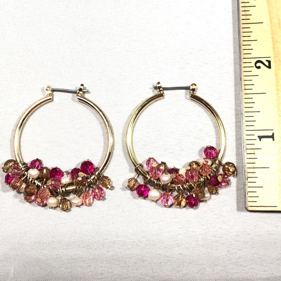 EARRINGS - GOLD-TONE HOOPS with PINK, MAGENTA, and WHITE BEADS. - Picture 3 of 3